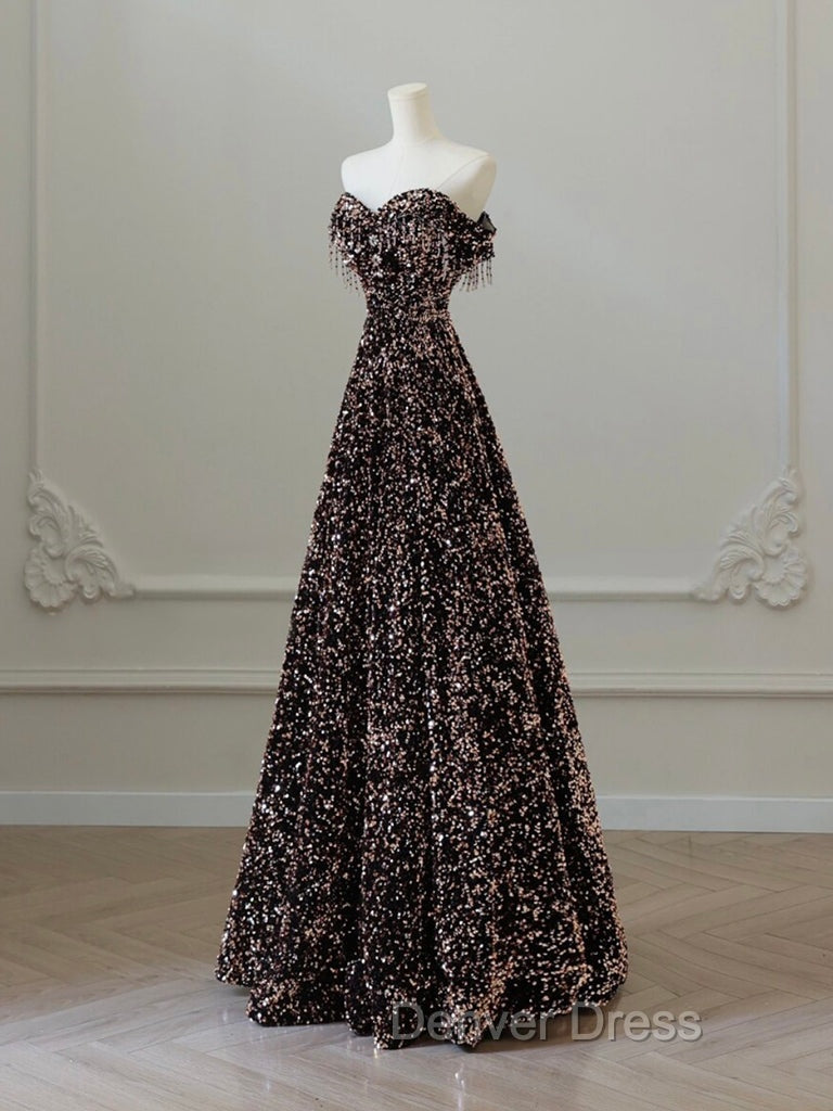 A-Line Off Shoulder Coffee Gold Sequin Long Prom Dresses, Coffee Gold Formal Dresses
