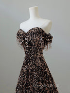 A Line Off Shoulder Coffee Gold Sequin Long Prom Dress, Coffee Gold Prom Dresses