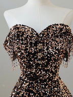 A Line Off Shoulder Coffee Gold Sequin Long Prom Dress, Coffee Gold Prom Dresses