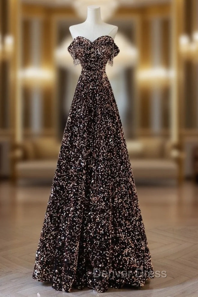A-Line Off Shoulder Coffee Gold Sequin Long Prom Dresses, Coffee Gold Formal Dresses