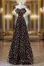 A Line Off Shoulder Coffee Gold Sequin Long Prom Dress, Coffee Gold Prom Dresses