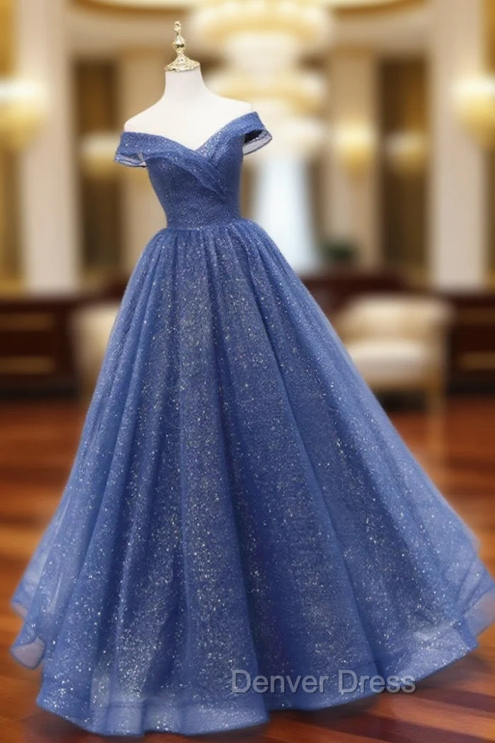 A-Line Off Shoulder Dark Blue Long Prom Dresses, Shiny Tulle Long Graduation Dresses Main image
