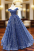 A-Line Off Shoulder Dark Blue Long Prom Dresses, Shiny Tulle Long Graduation Dresses