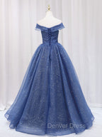 A-Line Off Shoulder Dark Blue Long Prom Dresses, Shiny Tulle Long Graduation Dresses