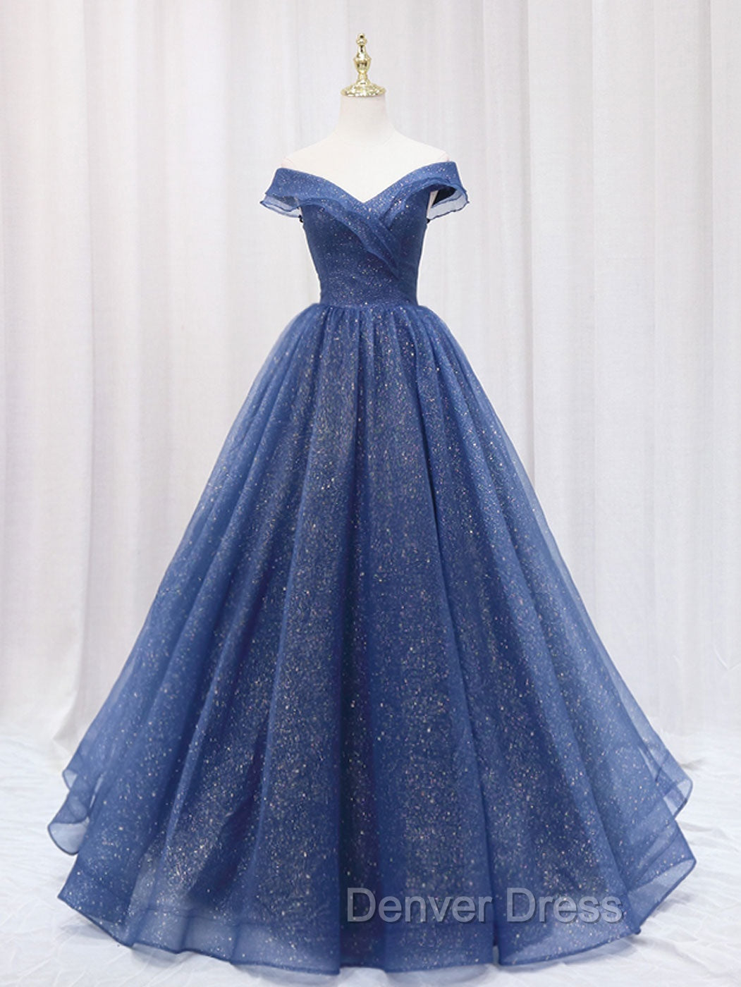 A Line Off Shoulder Dark Blue Long Prom Dress, Shiny Tulle Long Graduation Dresses
