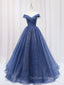 A Line Off Shoulder Dark Blue Long Prom Dress, Shiny Tulle Long Graduation Dresses