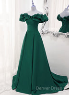 A Line Off Shoulder Floor Length A Line Long Prom Dress, Green Sweetheart Prom Dresses