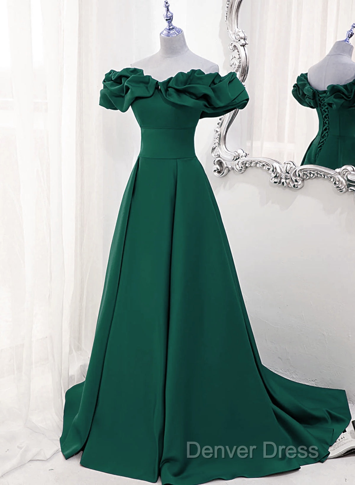 A Line Off Shoulder Floor Length A Line Long Prom Dress, Green Sweetheart Prom Dresses