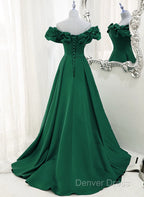 A Line Off Shoulder Floor Length A Line Long Prom Dress, Green Sweetheart Prom Dresses
