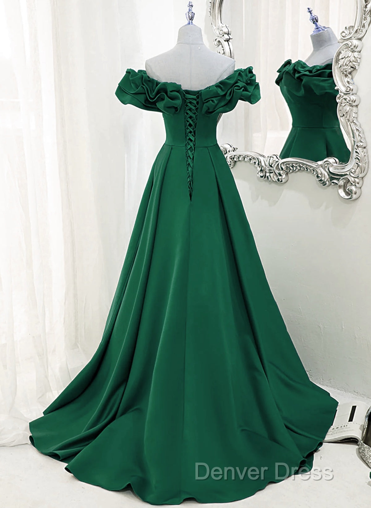 A Line Off Shoulder Floor Length A Line Long Prom Dress, Green Sweetheart Prom Dresses
