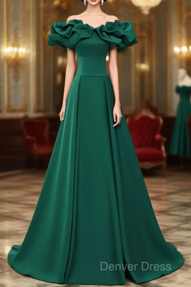 A Line Off Shoulder Floor Length A Line Long Prom Dress, Green Sweetheart Prom Dresses Main image
