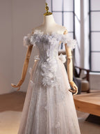 A-Line Off Shoulder Flower Tulle Gray Long Prom Dresses, Gray Formal Dresses