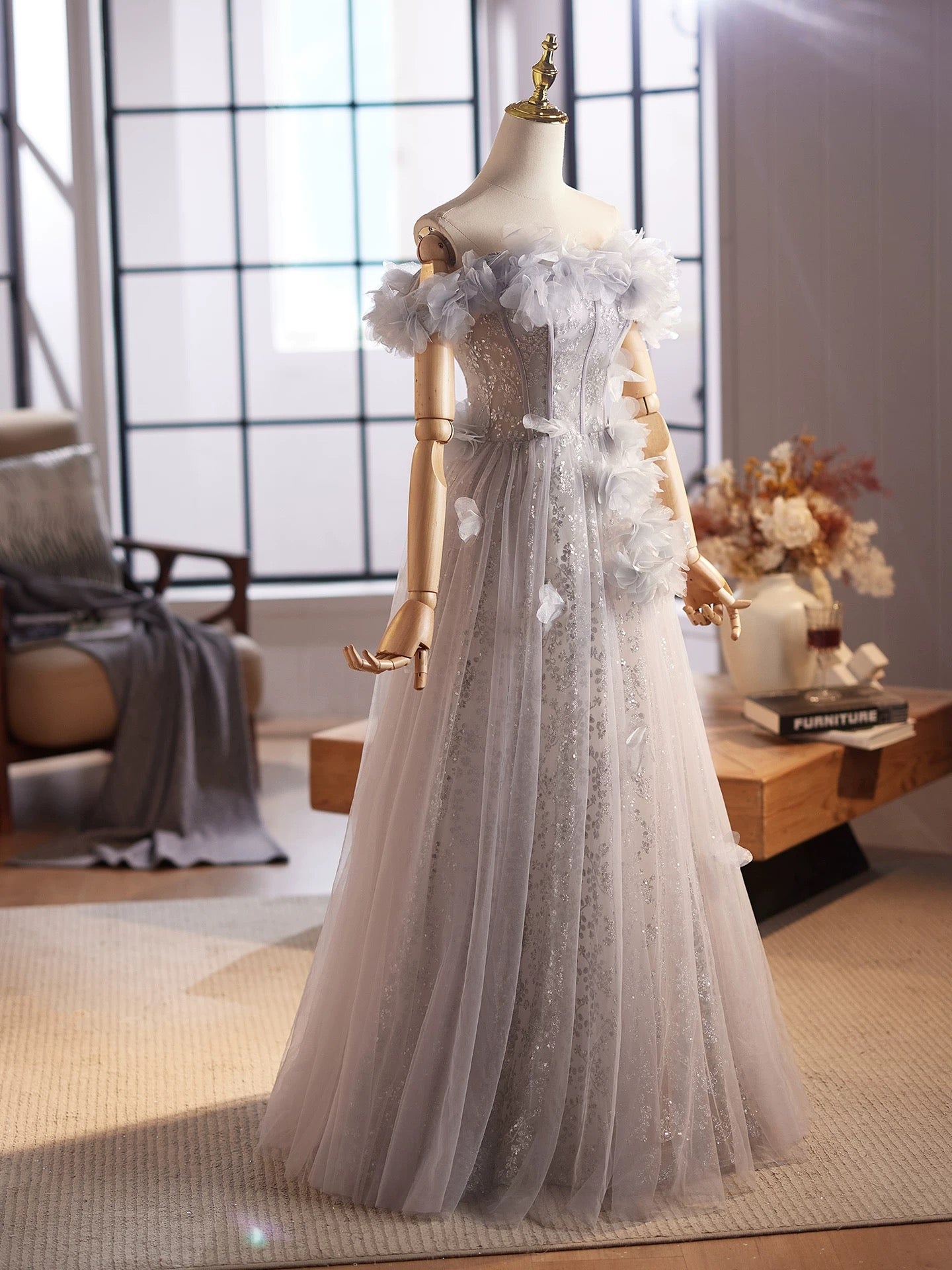 A-Line Off Shoulder Flower Tulle Gray Long Prom Dresses, Gray Formal Dresses