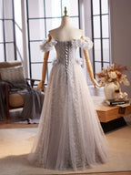 A-Line Off Shoulder Flower Tulle Gray Long Prom Dresses, Gray Formal Dresses