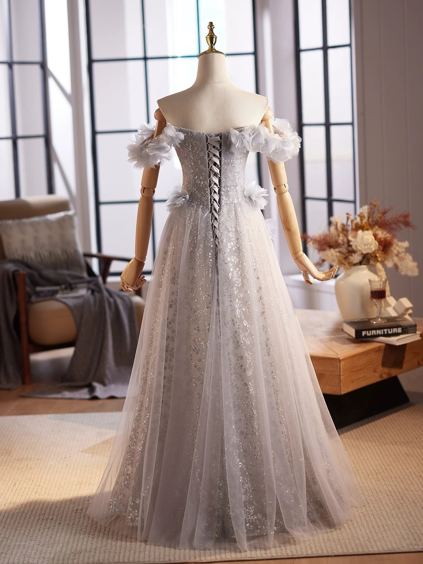 A-Line Off Shoulder Flower Tulle Gray Long Prom Dresses, Gray Formal Dresses