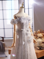 A-Line Off Shoulder Flower Tulle Gray Long Prom Dresses, Gray Formal Dresses