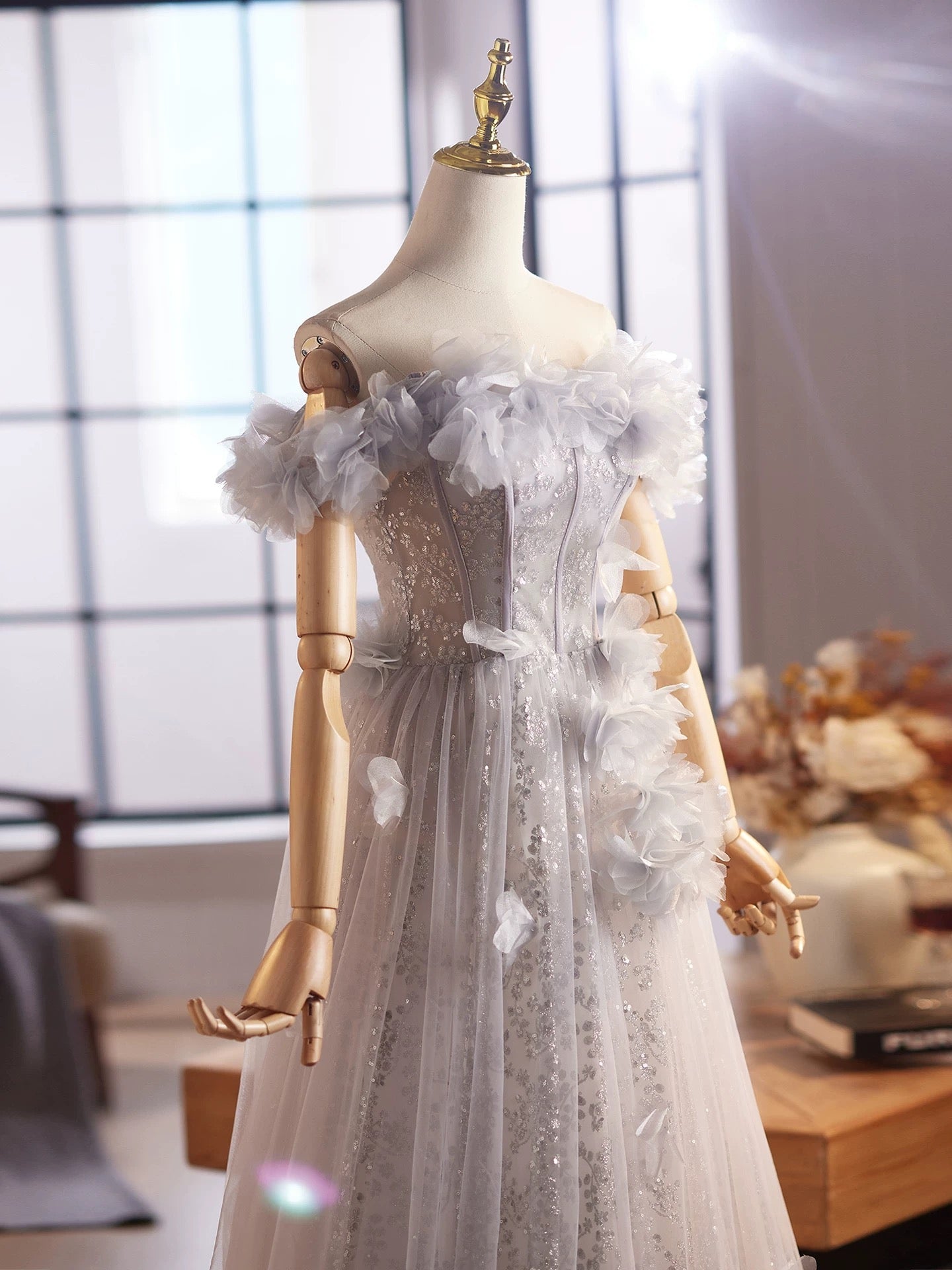 A-Line Off Shoulder Flower Tulle Gray Long Prom Dresses, Gray Formal Dresses