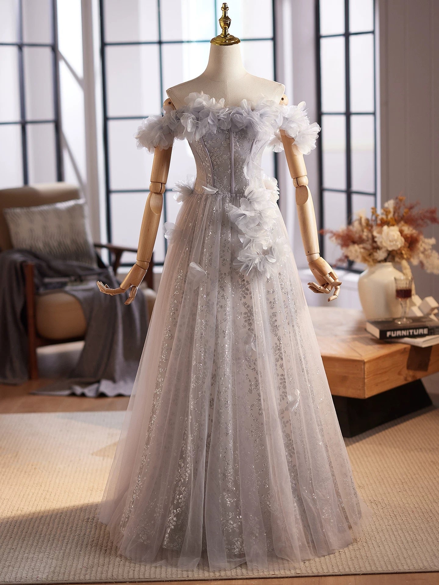 A-Line Off Shoulder Flower Tulle Gray Long Prom Dresses, Gray Formal Dresses Main image