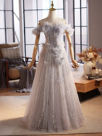 A-Line Off Shoulder Flower Tulle Gray Long Prom Dresses, Gray Formal Dresses