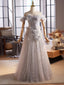 A-Line Off Shoulder Flower Tulle Gray Long Prom Dresses, Gray Formal Dresses