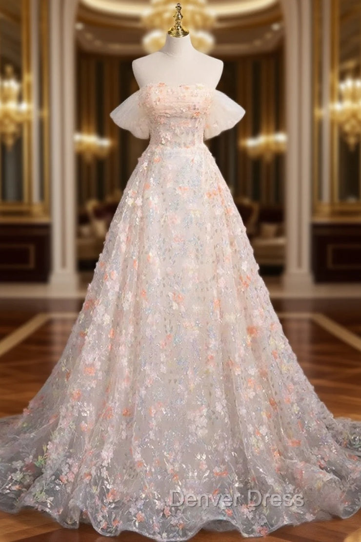 A-Line Off Shoulder Flowers Lace Formal Dresses, Long Prom Dresses Main image
