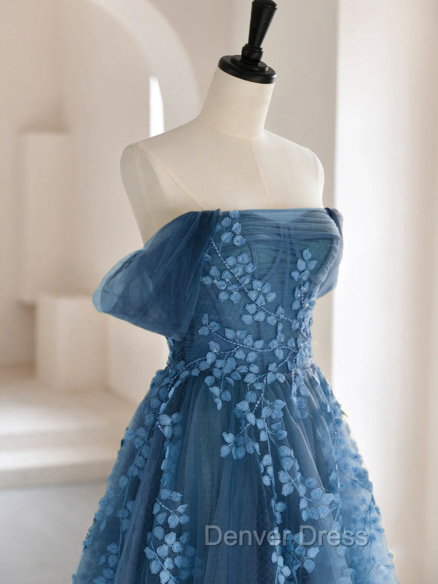 A-line Off Shoulder Gray Blue Tulle Long Prom Dresses, Gray Blue Long Formal Dresses Secondary image