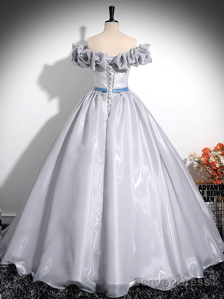 A-Line Off Shoulder Gray Satin Long Prom Dress, Gray Long Formal Dress Secondary image