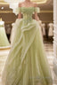 A Line Off Shoulder Green Lace Long Prom Dress, Green Prom Dresses