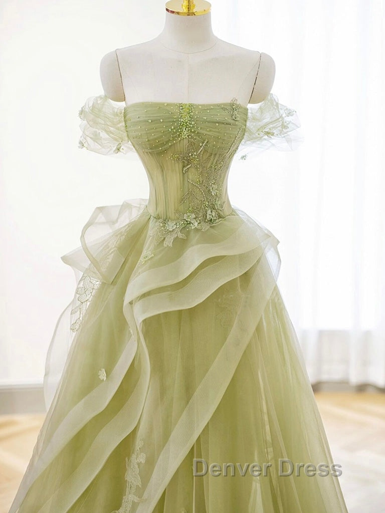 A Line Off Shoulder Green Lace Long Prom Dress, Green Prom Dresses