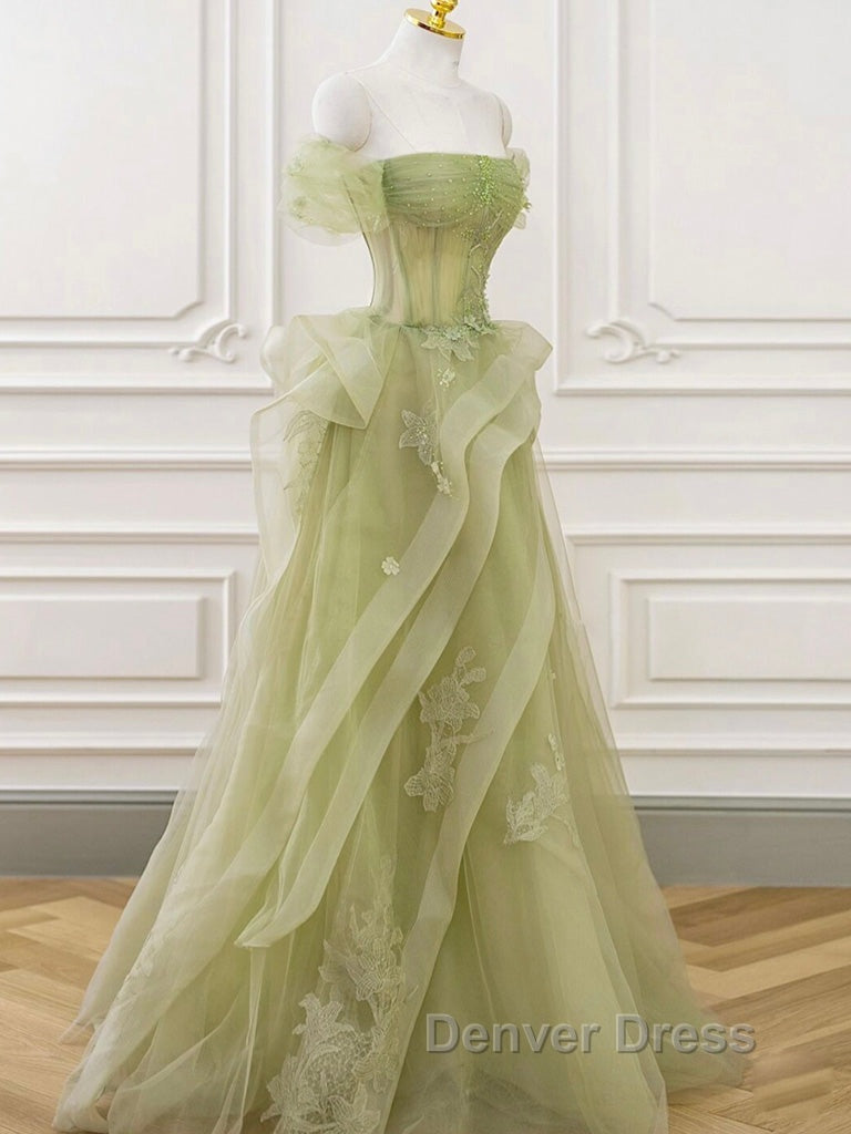 A Line Off Shoulder Green Lace Long Prom Dress, Green Prom Dresses