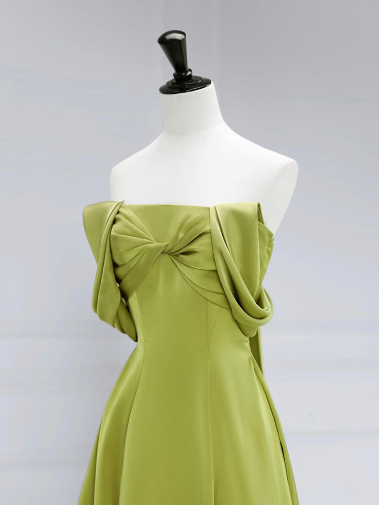 A-Line Off Shoulder Green Satin Long Prom Dresses, Green Long Formal Evening Dresses Secondary image