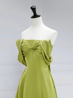 A-Line Off Shoulder Green Satin Long Prom Dresses, Green Long Formal Evening Dresses