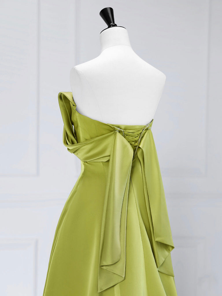 A-Line Off Shoulder Green Satin Long Prom Dresses, Green Long Formal Evening Dresses