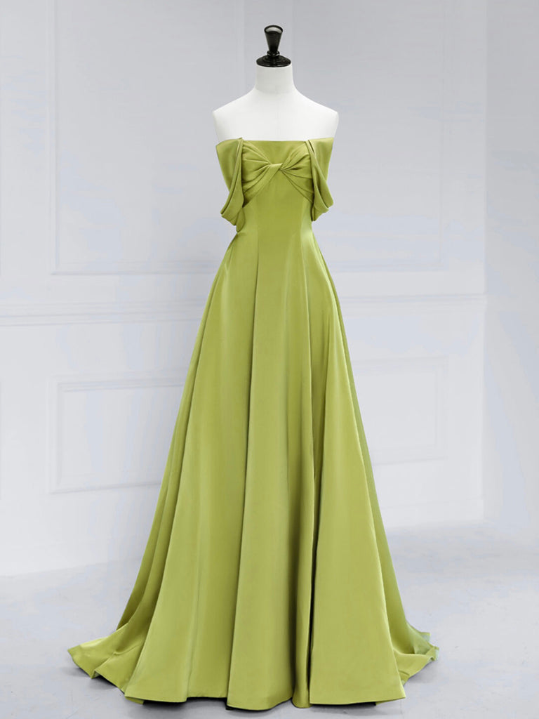 A-Line Off Shoulder Green Satin Long Prom Dresses, Green Long Formal Evening Dresses Main image