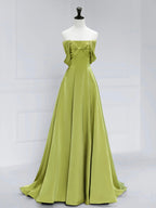 A-Line Off Shoulder Green Satin Long Prom Dresses, Green Long Formal Evening Dresses