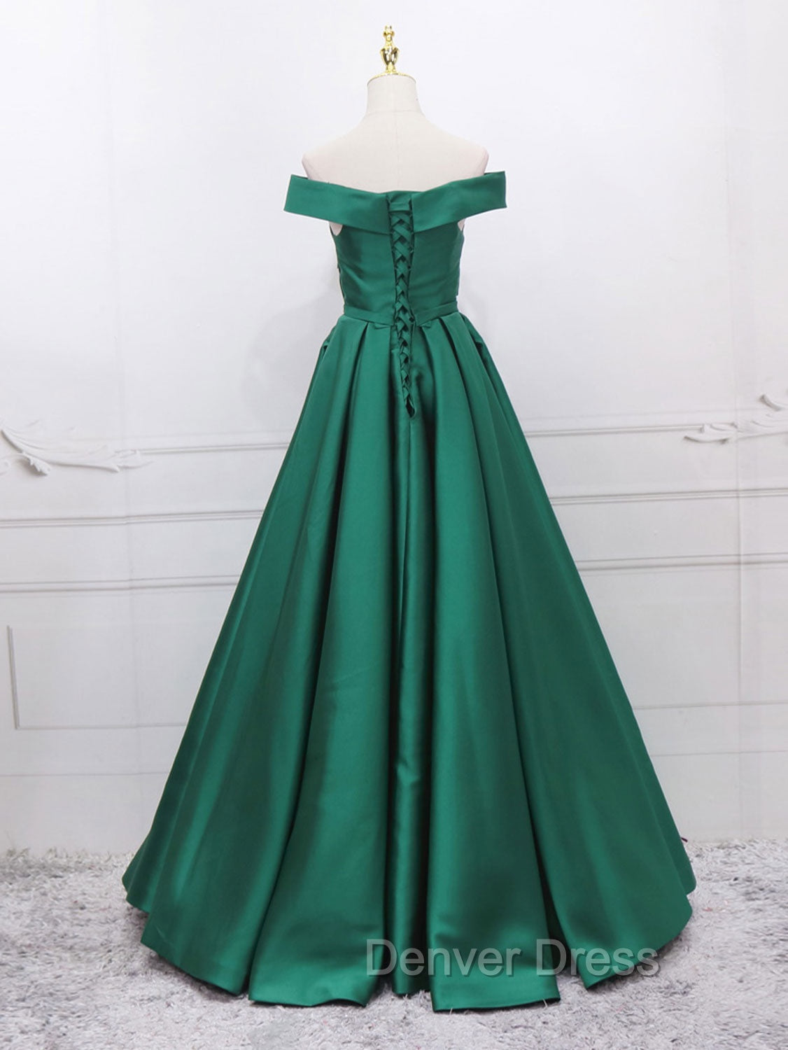 A Line Off Shoulder Green Satin Long Prom Dress, Green Prom Dresses