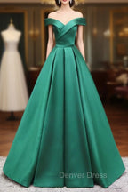 A Line Off Shoulder Green Satin Long Prom Dress, Green Prom Dresses