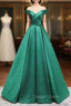 A Line Off Shoulder Green Satin Long Prom Dress, Green Prom Dresses