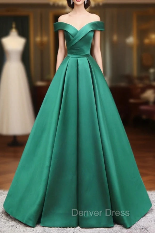 A-Line Off Shoulder Green Satin Long Prom Dresses, Green Evening Dresses Main image