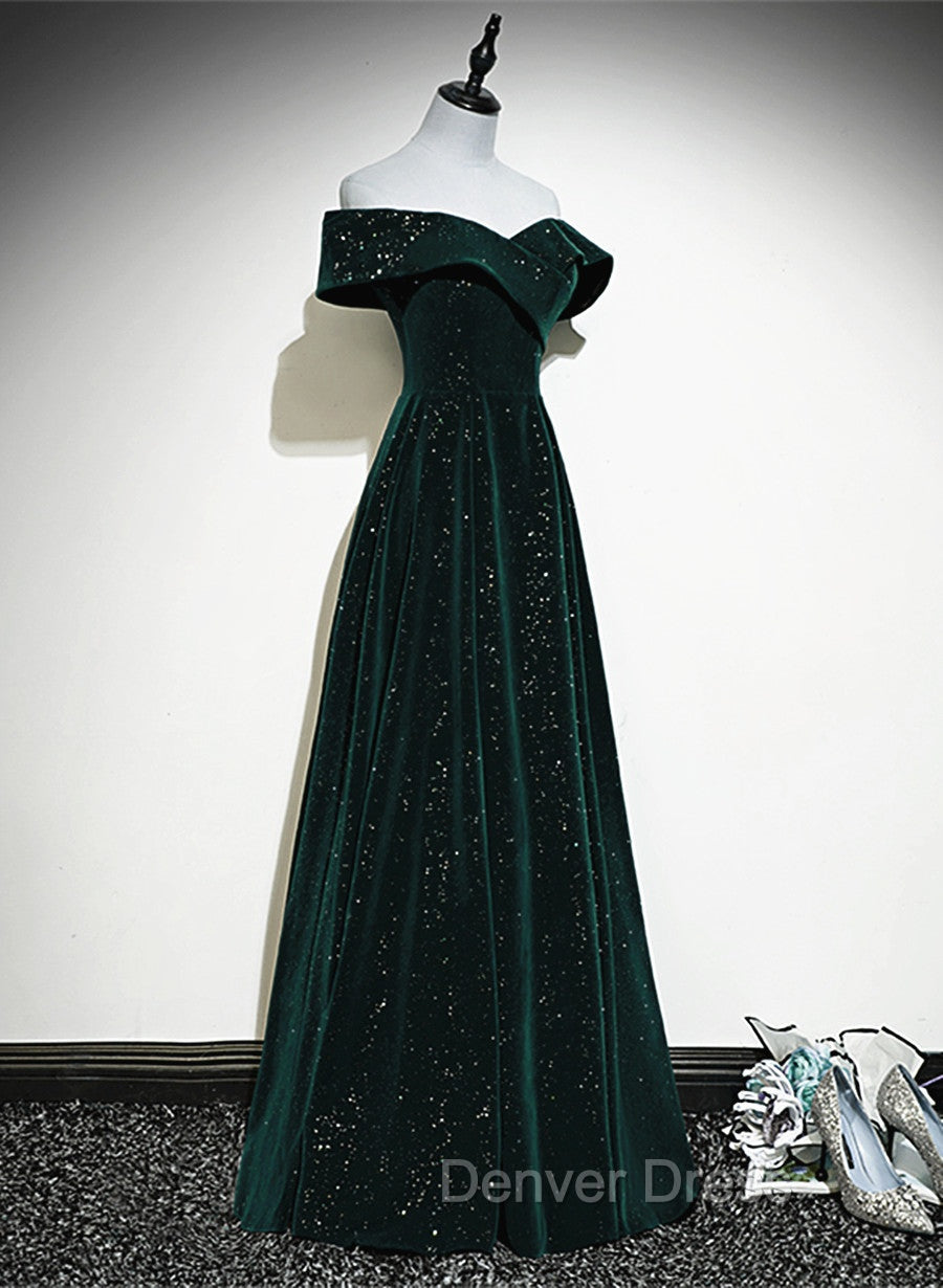 A-line Off Shoulder Green Velvet Simple Party Dresses, Green Prom Dresses Formal Dresses Secondary image