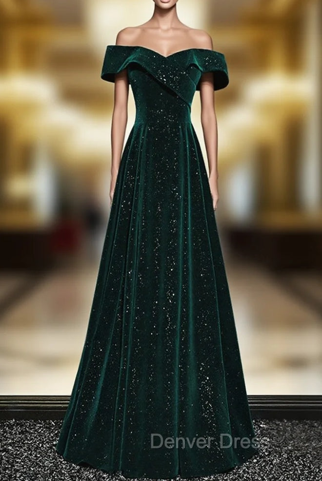 A-line Off Shoulder Green Velvet Simple Party Dresses, Green Prom Dresses Formal Dresses Main image