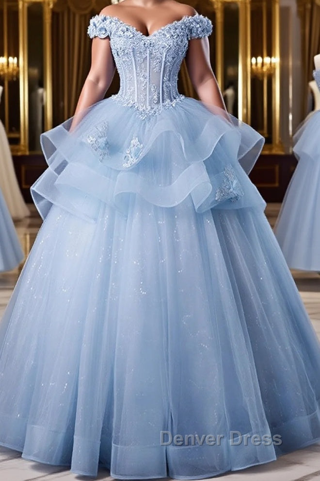A Line Off Shoulder Lace Tulle Blue Long Prom Dress, Blue Sweet 16 Dresses