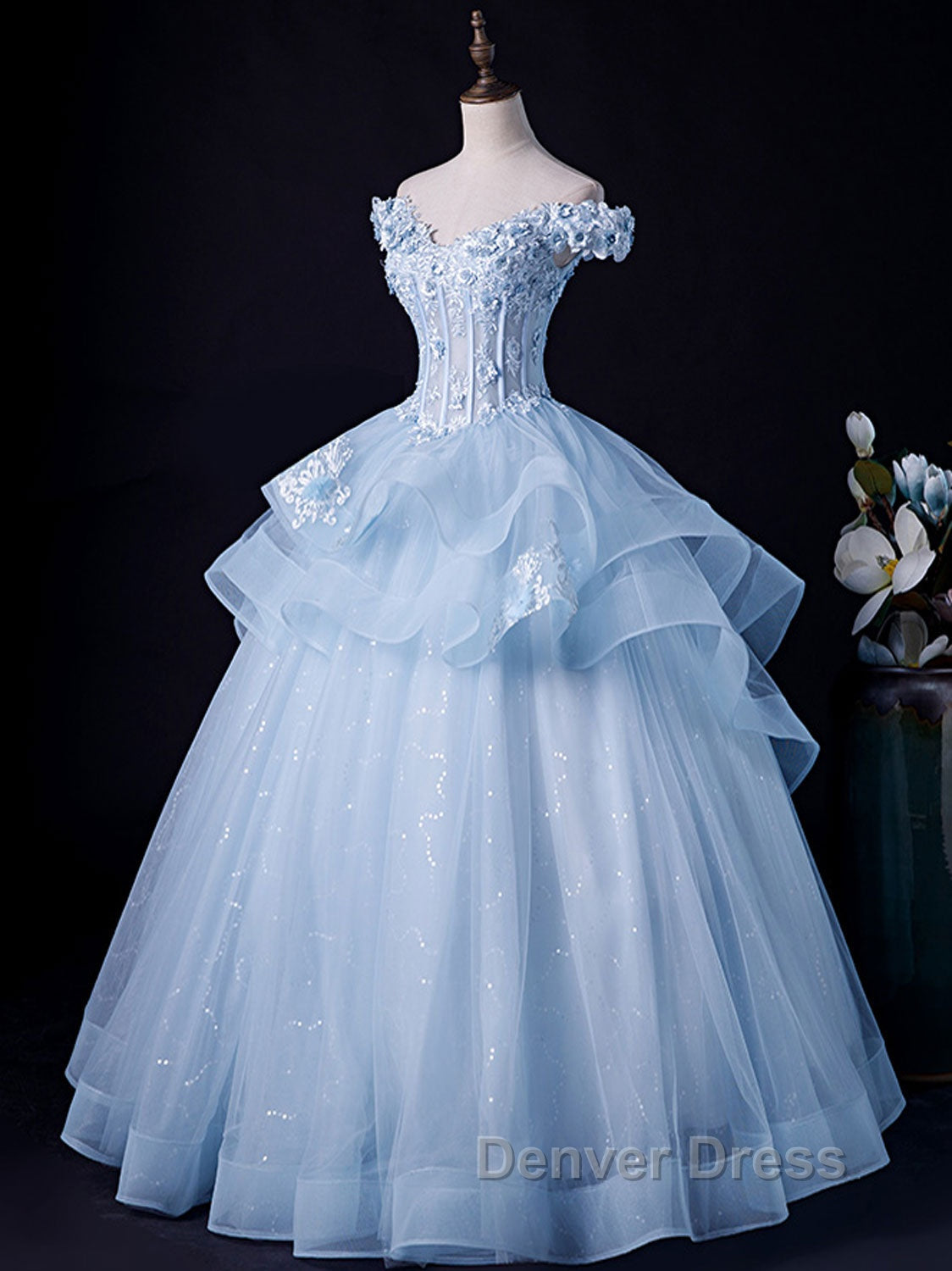 A Line Off Shoulder Lace Tulle Blue Long Prom Dress, Blue Sweet 16 Dresses Secondary image