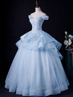 A Line Off Shoulder Lace Tulle Blue Long Prom Dress, Blue Sweet 16 Dresses