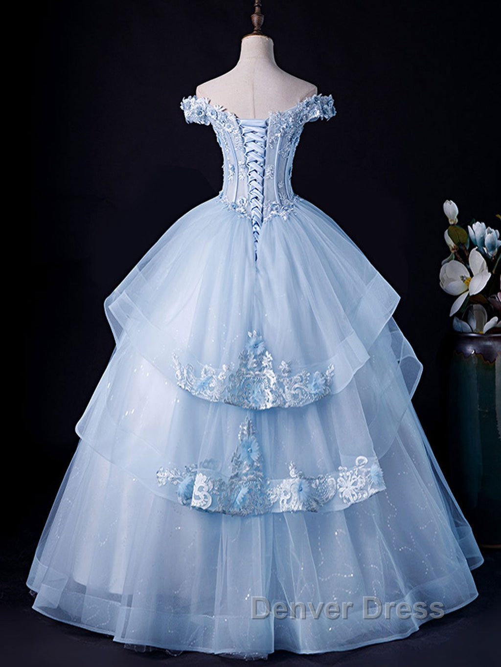 A Line Off Shoulder Lace Tulle Blue Long Prom Dress, Blue Sweet 16 Dresses
