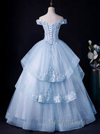 A Line Off Shoulder Lace Tulle Blue Long Prom Dress, Blue Sweet 16 Dresses