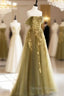 A-Line Off Shoulder Long Prom Dresses, Green Tulle Formal Evening Dresses