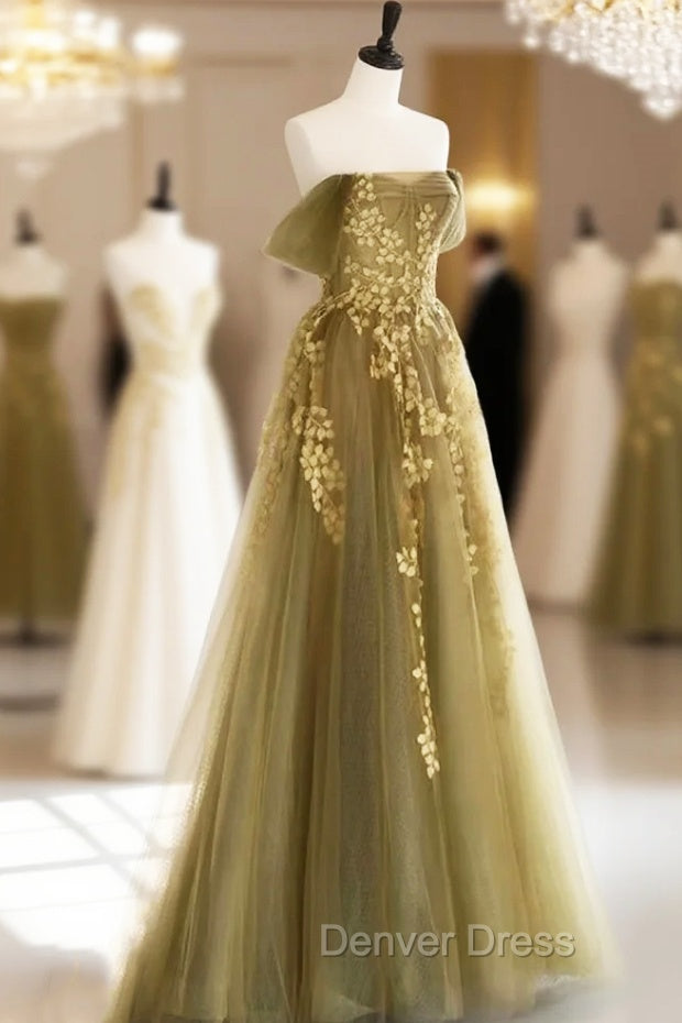 A Line Off Shoulder Long Prom Dress, Green Tulle Prom Dresses Main image