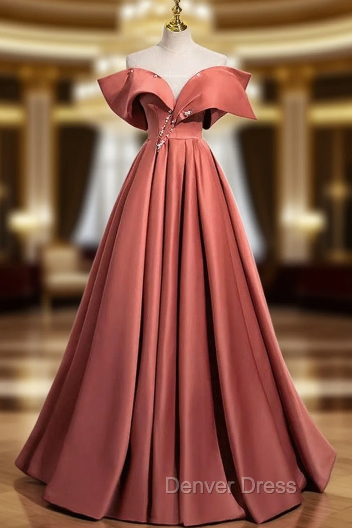 A-Line Off Shoulder Off Shoulder Satin Long Prom Dresses, Watermelon Red Long Formal Dresses