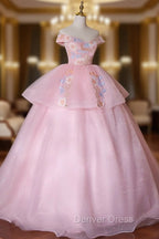 A-Line Off Shoulder Organza Lace Pink Long Prom Dresses. Pink Sweet 16 Dresses